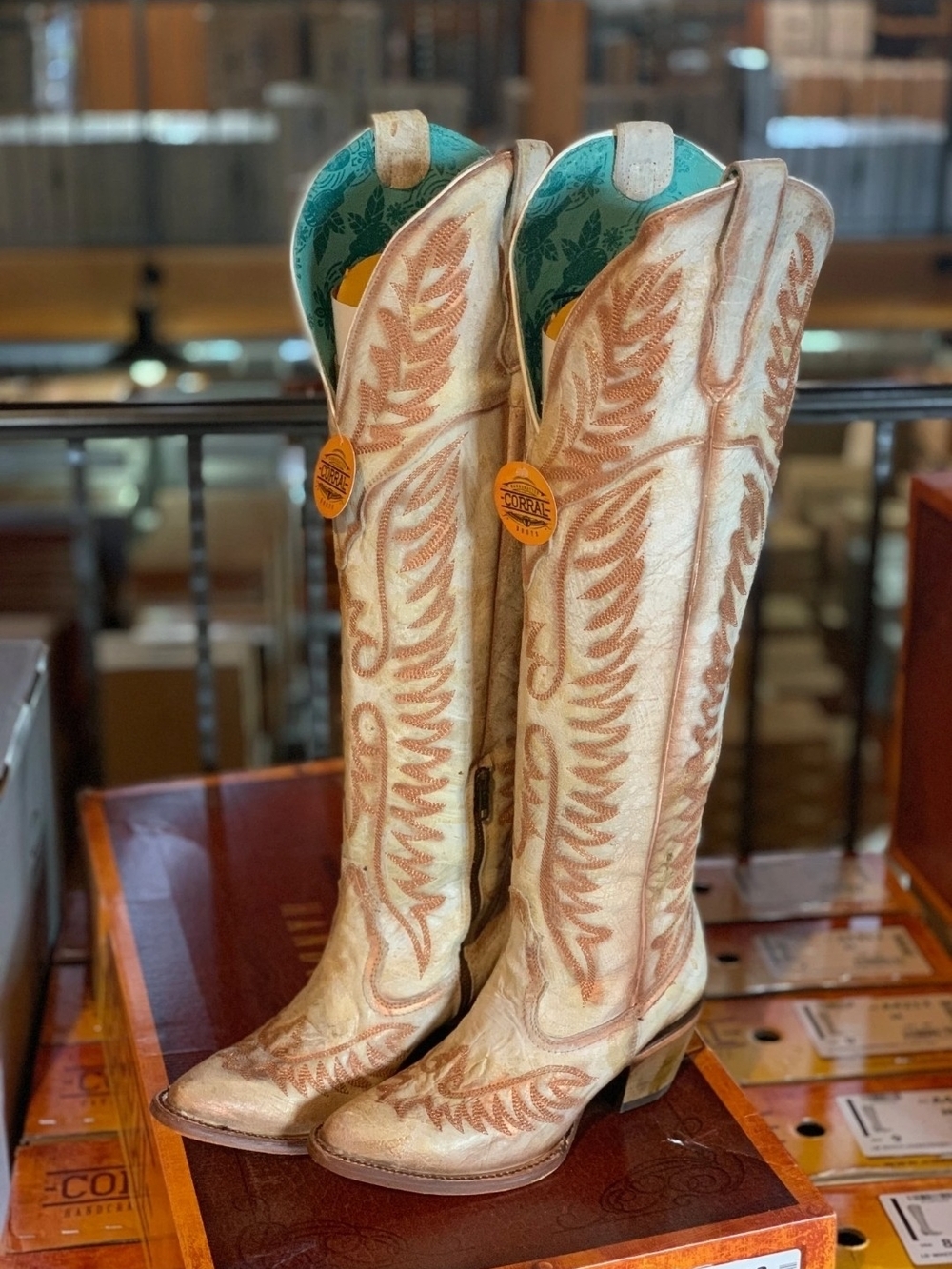 Corral Distressed Cream Cognac Embroidery Tall Top Boots A4212